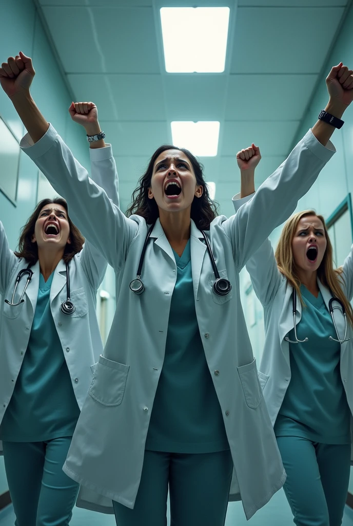 Young Women doctors screaming on the floor for justice 