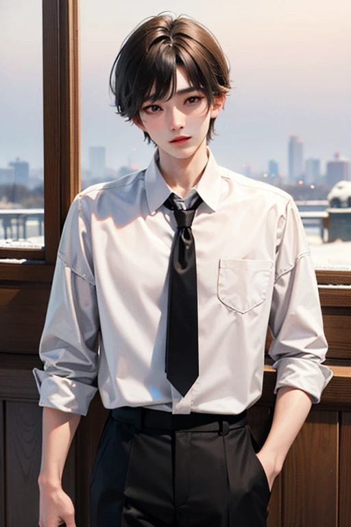 One boy, light brown hair, White skin, 18 years old, super detail, masterpiece, 8k, korean, amazing, Idol, high quality, Refreshing, high quality, androgynous boy, Refreshing, winter, clear, Natural lighting, Make your eyes look more natural, prime, The season of snowfall, High Quality, 한winter, white shirt, black pants, student, broad shoulders