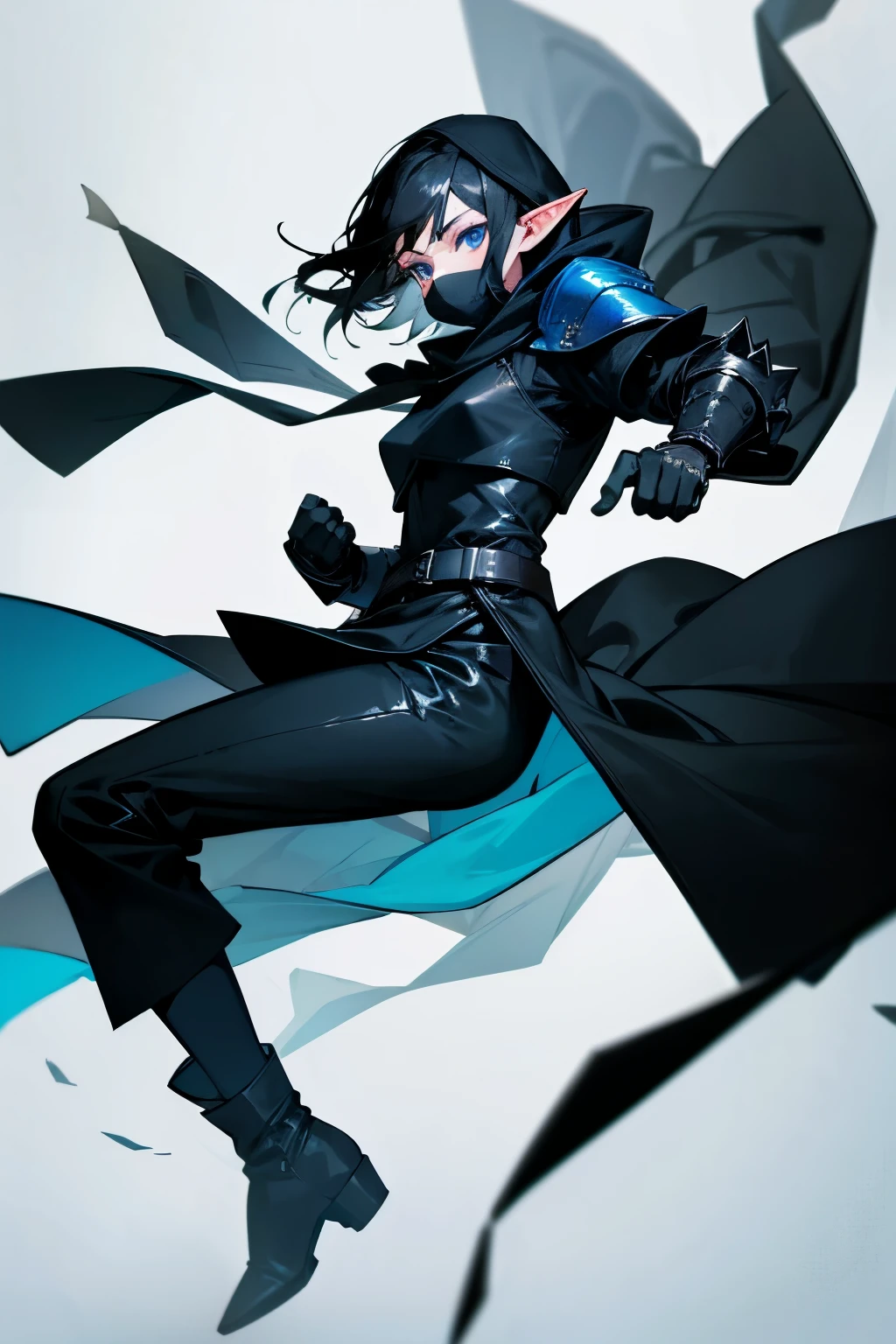 hood on head, black half-face mask, black cloth gloves, leather armor, black boots, black pants and black top covering everything. The clothes are close to the body. Black hair, blue eyes. elf