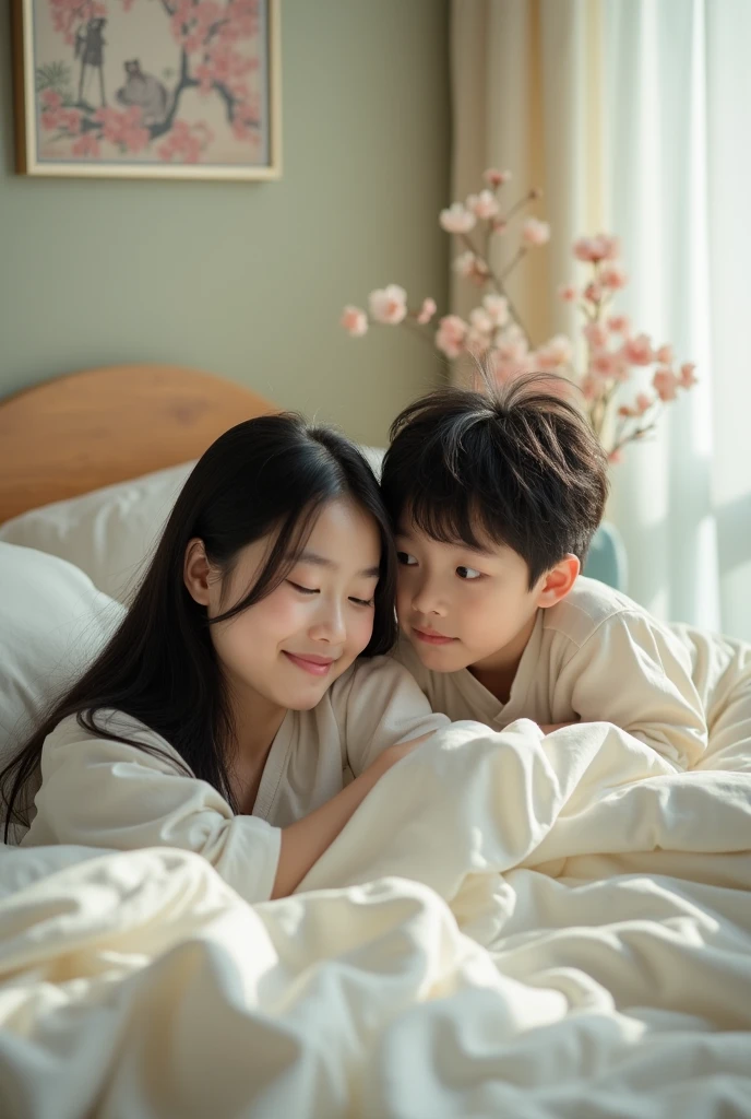 Boy try to undress a Korean lady wheel she pretending to sleeping on bed