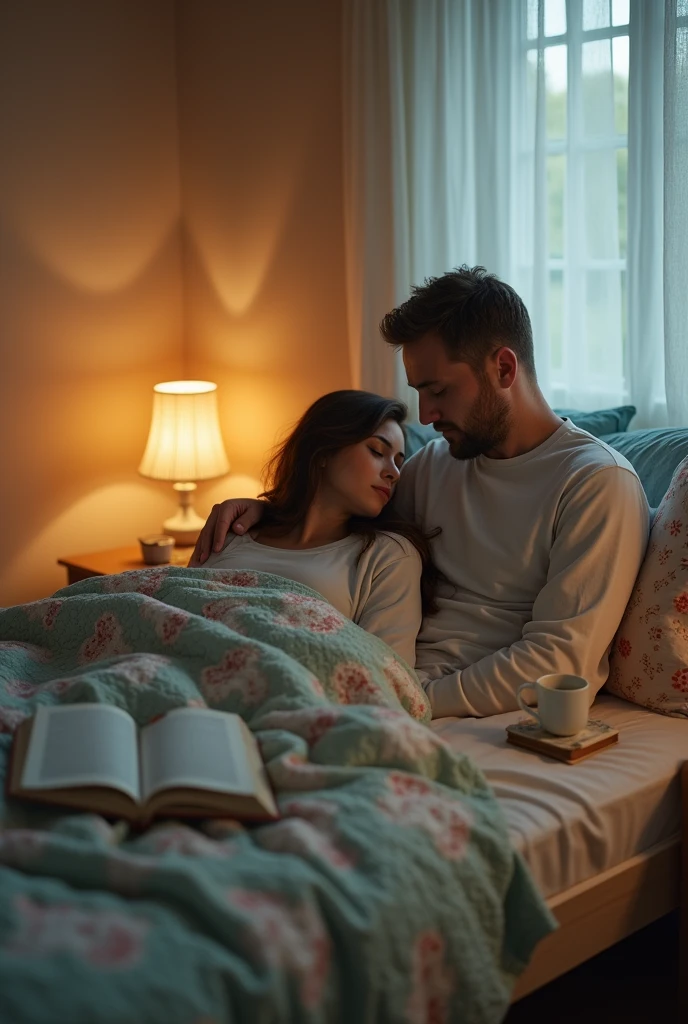 Husband watching wife sleeping on bed wearing nothing 
