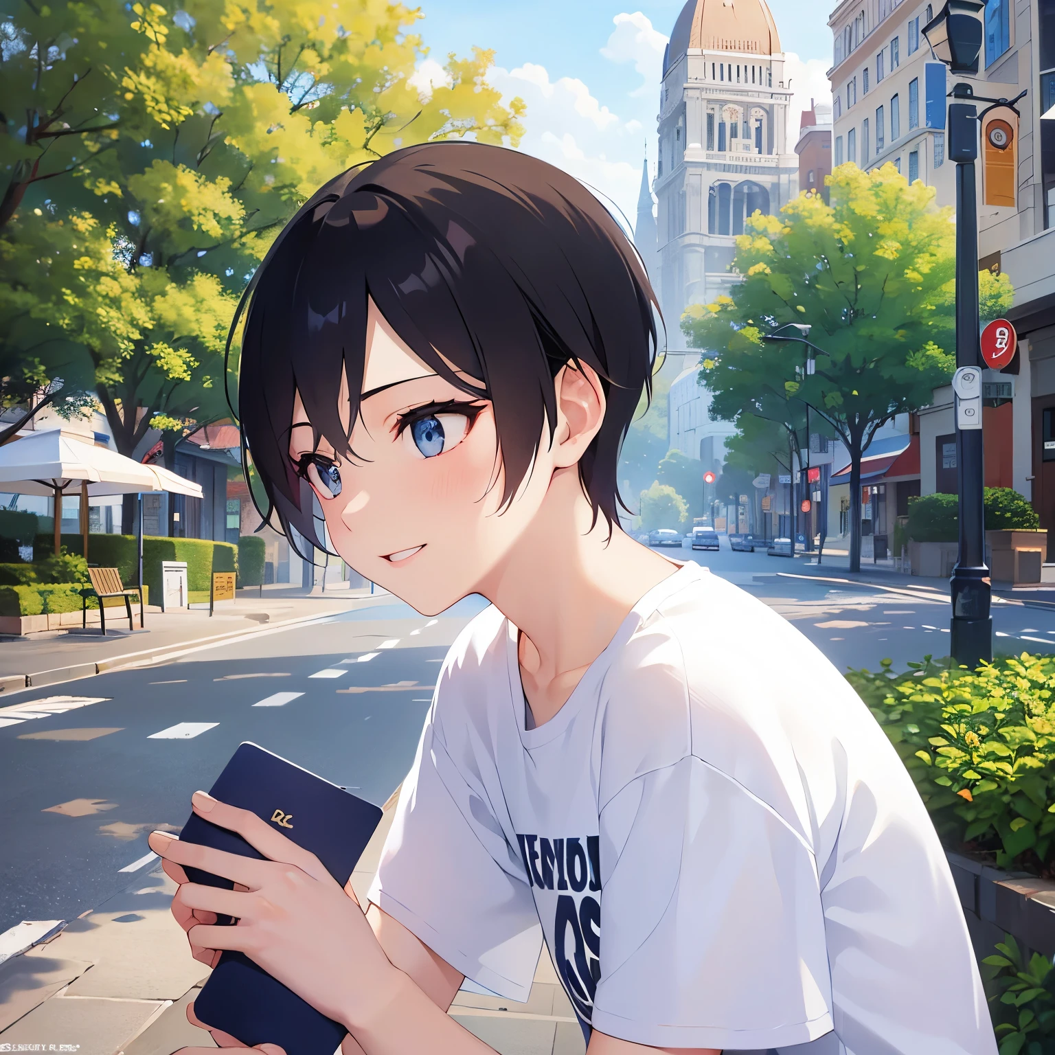 holding a small box, side angle, (looking away:1.5), looking down, upper body、shiny skin, masterpiece、Highest quality、(25-year-old male:1.5) and (Black short hair) and (blue eyes), BREAK (white) and (T-Shirts) BREAK 立っている、smile, The background is a park、alone