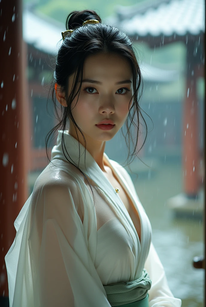 Wearing a wet, see-through white kimono、Realistic Japan woman in a temple, Beautiful Japanese Women, Beautiful Japanese Women, Japanese Goddess, Beautiful Japanese woman face、Tie your hair、How to put on a hairpin、Mature Woman、Sexy Japanese Women、Looking into the camera、Gazing into the Eyes、Look forward、Look forward、it's raining、I narrowed my eyes.、single eyelid、Small eyes、Thin eyebrows、30-year-old woman、Low Nose、Thin lips、Light green lumbar girdle、Belly piercing