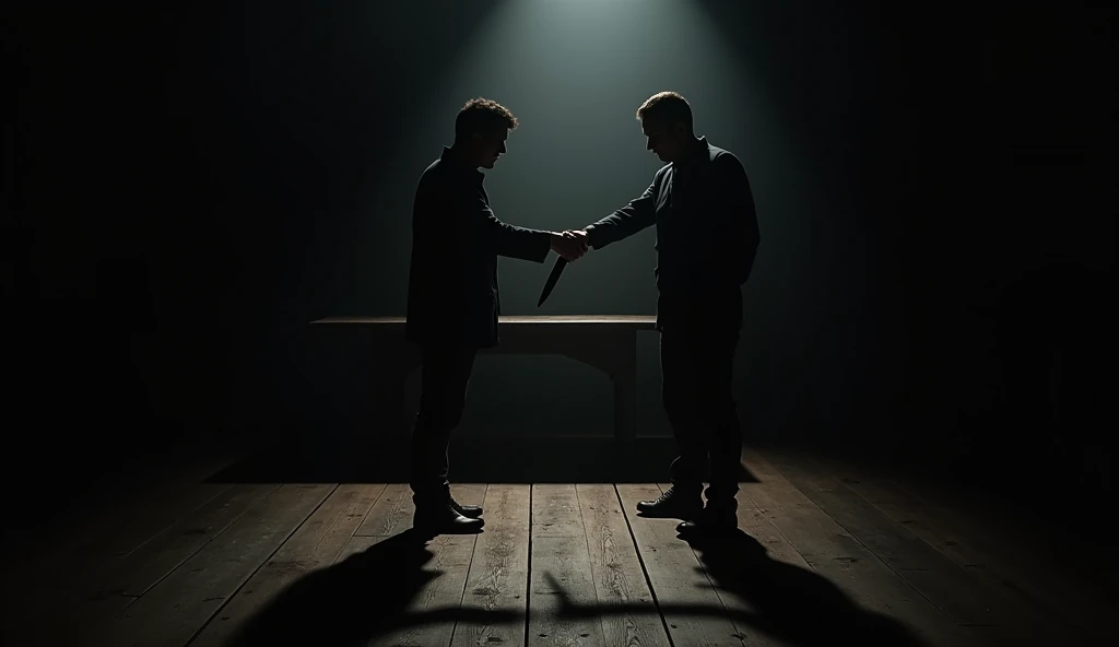 in a dark room, only a dim light illuminates a wooden table in the center of the scene. The shadows of two men are visible from the waist down, with their hands clasping a deal, illuminated by the low light above them. One of the men has an arm turned backwards, hiding a dagger and ready to betray and break the deal. The image is seen from the side, showing the shadows from the waist down, with hands sealing the commitment and one arm bent back hiding the dagger.