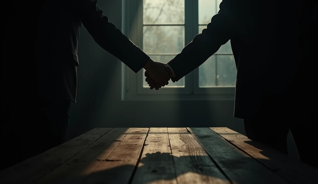 in a dark room, only a dim light illuminates a wooden table in the center of the scene. The shadows of two men are visible from the waist down, with their hands clasping a deal, illuminated by the low light above them. One of the men has an arm turned backwards, hiding a dagger and ready to betray and break the deal. The image is seen from the side, showing the shadows from the waist down, with hands sealing the commitment and one arm bent back hiding the dagger.