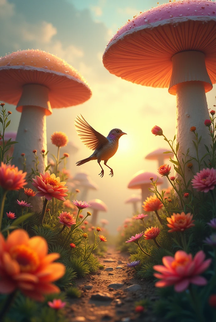 A sparrow in a whimsical, fantasy setting with oversized flowers and mushrooms, adding a touch of magic to its surroundings.