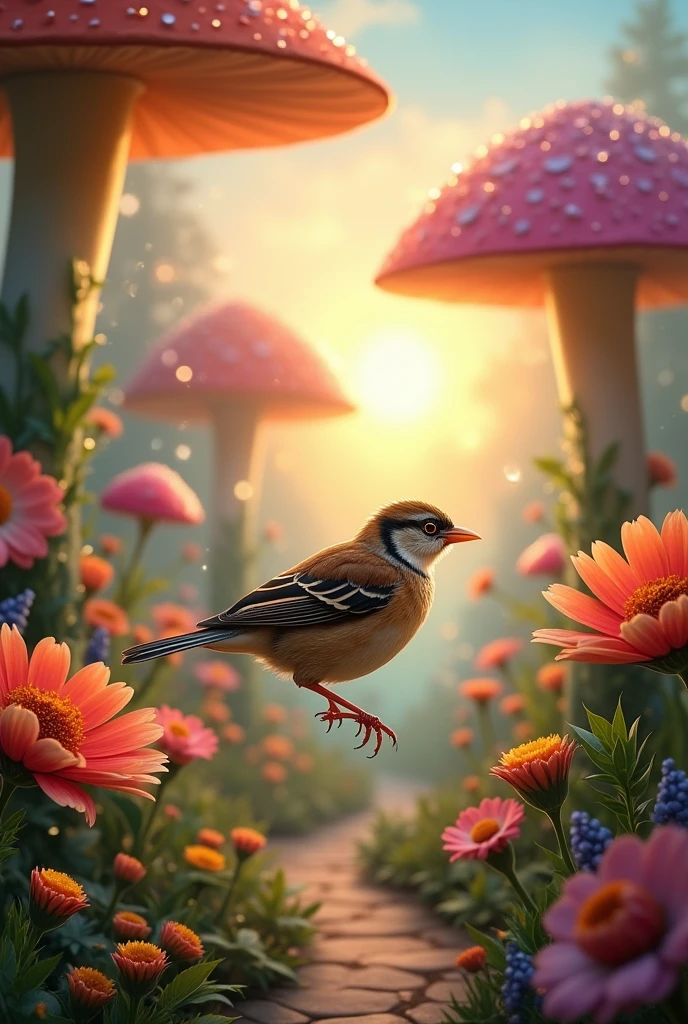 A sparrow in a whimsical, fantasy setting with oversized flowers and mushrooms, adding a touch of magic to its surroundings.