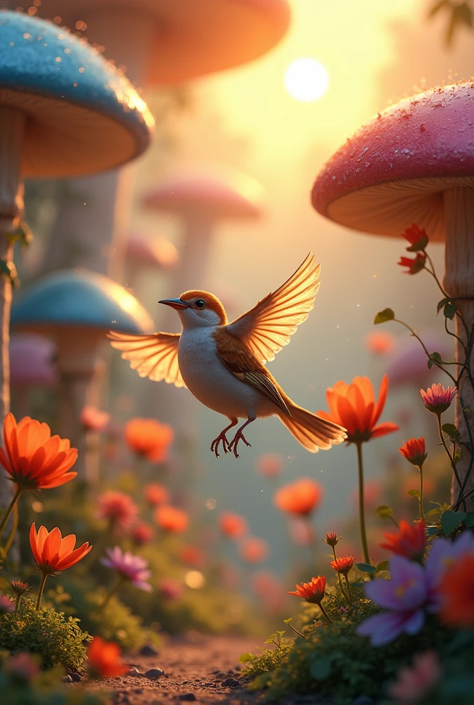 A sparrow in a whimsical, fantasy setting with oversized flowers and mushrooms, adding a touch of magic to its surroundings.