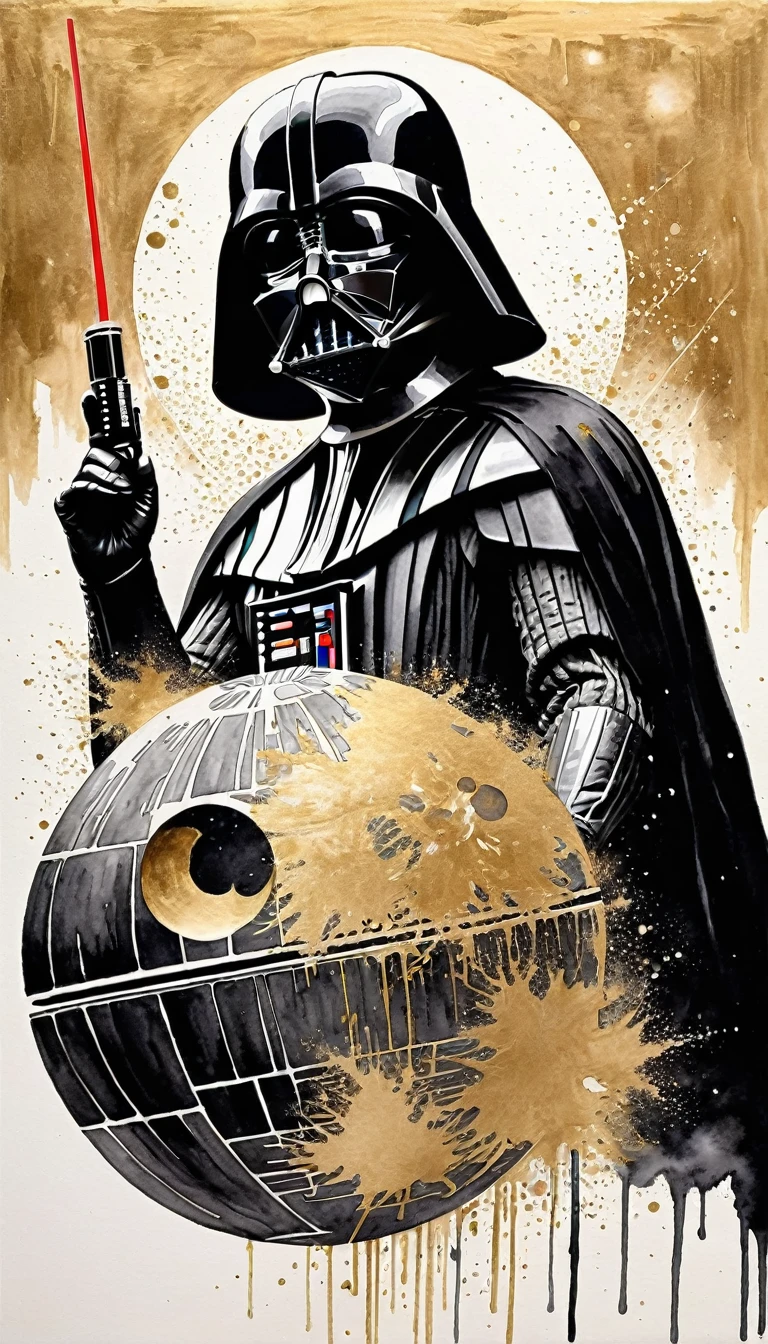 masterpiece,Drawing Darth Vader and the Death Star,Japanese paintings drawn with ink and water,(Beautiful gradation created by layering),(Tarashikomi technique),(Gold Dust Base),(dynamic)