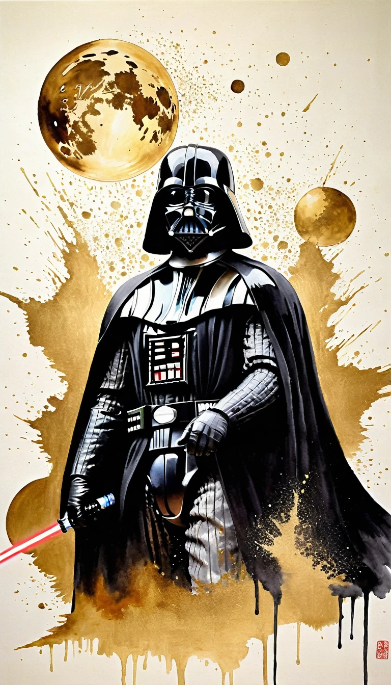 masterpiece,Drawing Darth Vader and the Death Star,Japanese paintings drawn with ink and water,(Beautiful gradation created by layering),(Tarashikomi technique),(Gold Dust Base),(dynamic)