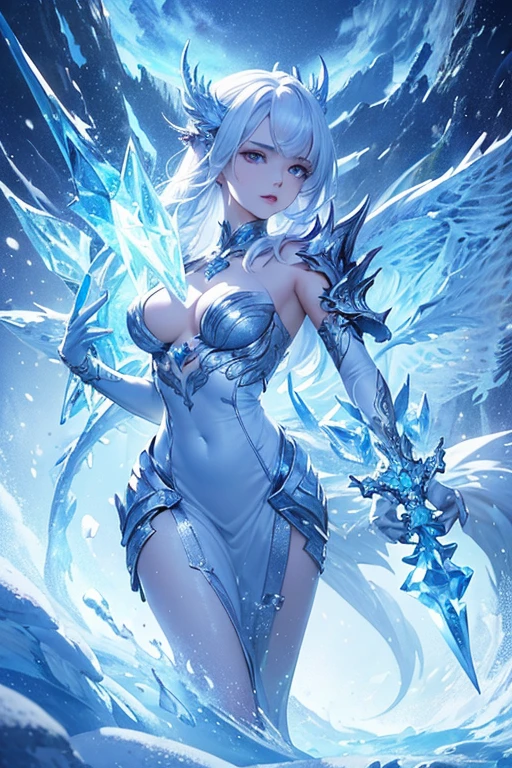 ((masterpiece)), ((Highest quality)), ((Highly detailed composition)), ((Highly detailed texture)), ((4K, 8k))、(A mysterious lifeform that combines an ice dragon with a woman.)、Carrying a great sword of ice、Walking through the snowy fields