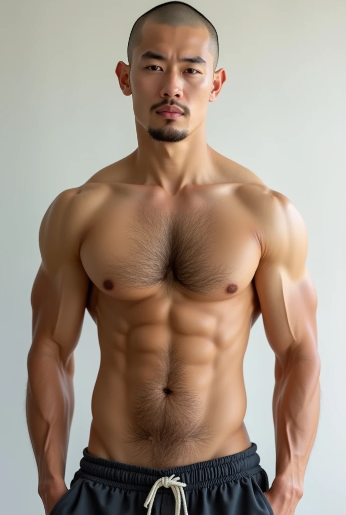 Masterpiece、Highest quality、Super fine、Fine、High resolution、Detailed face、Detailed eyes、Detailed lips、Detailed muscles、Abdominal muscles、Pectoral muscle、Realistic、Japan Skinhead Men、A handsome and refreshing Japanese man who is loved by both men and women、He's bald but has a lot of hair on his chest and stomach、He's bald with only a lot of hair on his chest and stomach