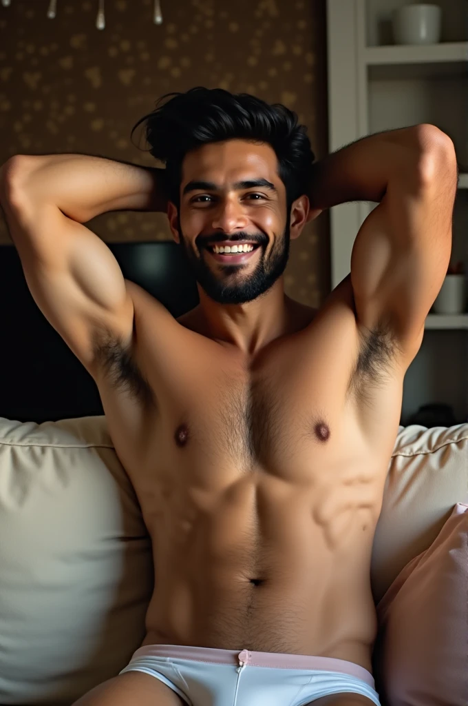 Handsome Indian man, hands behind his head, hairy armpits, smiling at the screen, topless, v-shaped underwear, bulging underwear