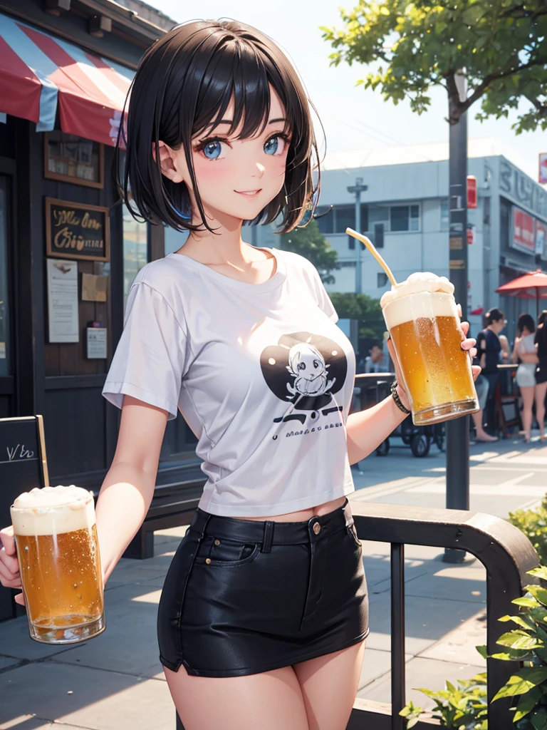 High resolution,Perfect Anatomy,Accurate anatomy,1 person ,Trending Hair,Trending Hair color,Trendy T-shirt

Sunshine bright, refreshing summer open-air cafe, Cheerfully holding a frosty mug of draft beer in both hands. she is smiling brightly, Her face shining with happiness. The girl has short black hair, Properly styled, and、Stylish light-up accessories, etc.、A casual outfit with a touch of futuristic elements. The atmosphere around her is warm, Vibrant, and満ち溢れる喜び.