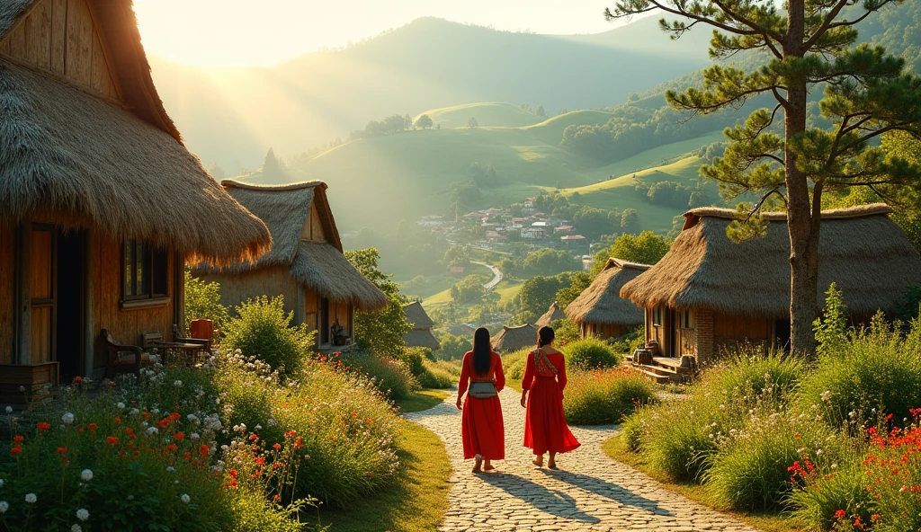 Beautiful village located in deep upside hills and people in village roming around the village