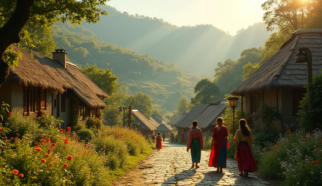 Beautiful village located in deep upside hills and people in village roming around the village