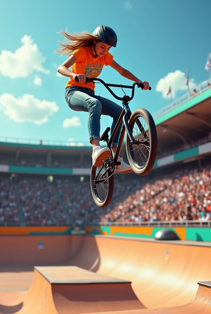 (masterpiece, Highest quality, shape, Subtle details, 8k:1.2),(Highly detailed CG Unity 8k wallpaper), (Highest quality), (Best illustrations),(The drivers are a large group of people whose world is turned upside down.), A dynamic 3D digital image of a BMX freestyle competition set in a specialized park, showing a female rider performing a 360-degree backflip. The rider is wearing a vibrant patterned T-shirt, jeans, and a cycling helmet designed for BMX racing, along with white sneakers. The scene is viewed from a slightly low, angled perspective, emphasizing the height and movement of the rider and her BMX bike. The background features a large stadium with packed spectator stands, where a crowd is cheering and watching the event. The image captures the speed, intensity, and excitement of the moment, with motion blur and the rider mid-air during the trick. The park's ramps and obstacles are visible, adding to the high-energy atmosphere of the competition.,A realistic 3D digital image capturing a female BMX rider mid-air while performing a 360-degree backflip in a freestyle park. The rider is wearing a bright, eye-catching T-shirt with a bold pattern, paired with jeans, a BMX racing helmet, and white sneakers. The scene is set in a BMX park with ramps and obstacles, viewed from a low, angled perspective to emphasize the height and energy of the jump. Around the park, the stadium seating is packed with spectators, who are actively cheering and supporting the rider. The image conveys the speed, power, and thrill of the moment, with the rider and her bike appearing in sharp focus while the background blurs slightly, enhancing the sense of motion and action. The park and stadium create an atmosphere of excitement and high-stakes competition.