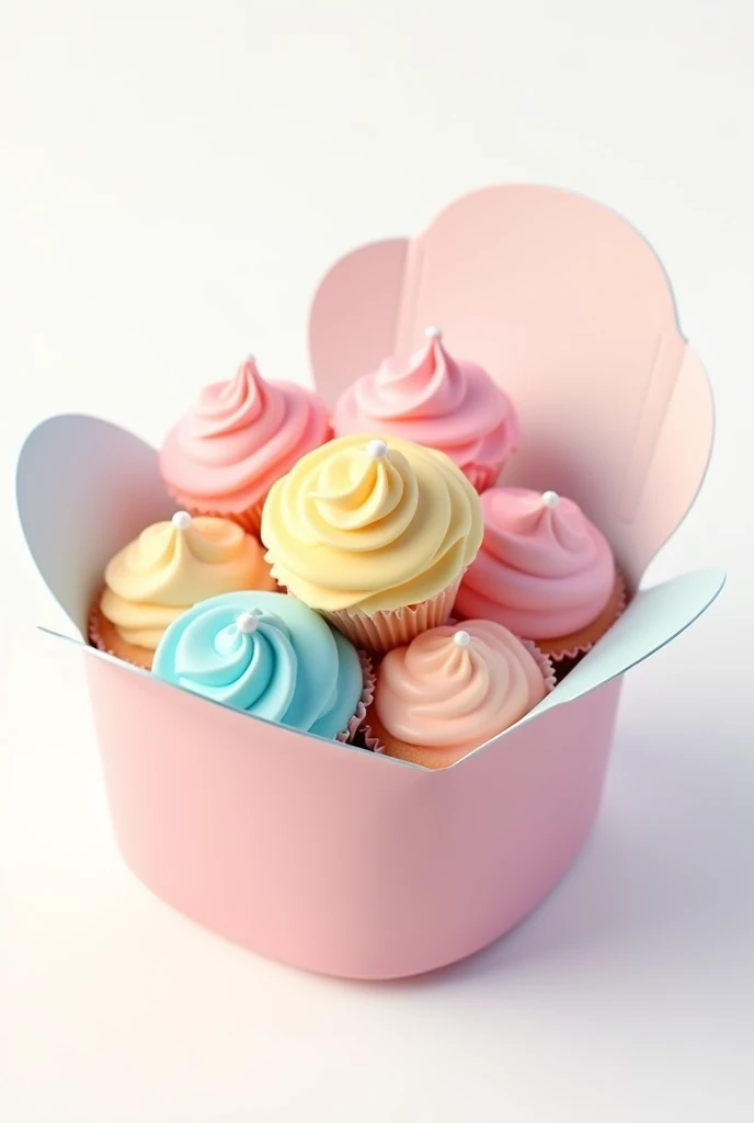 Generate a 3D icon of multiple cupcakes arranged in a cute, minimalistic box on a white background. The cupcakes should have a simple, stylized look with smooth, rounded edges, and glossy, slightly exaggerated frosting. The box should match this style, with soft curves, a clean design, and vibrant but simple colors. The overall appearance should be cartoonish and cohesive.