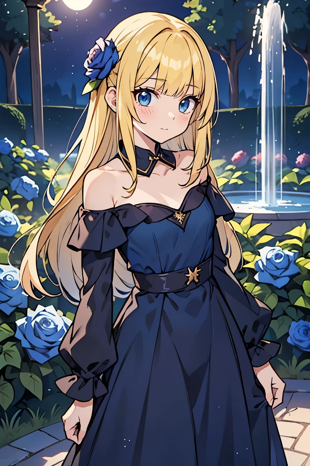 fairy_tail_style, solo, 1 girl, cowboy shot, (young female body:1.4), (medium small breasts), golden yellow hair, extra long hair, blunt bangs, crystal blue eyes, very detailed blue eyes, mansion garden, standing on a cobble pathway, a moonlit garden with a fountain, rose bushes, night time, elegant dark blue dress, maxi length blue dress, long sleeves, form fitting navy blue dress, chic evening dress, party dress, cowboy shot, flower in hair, off shoulder long sleeves, off shoulder, exposed collar bones