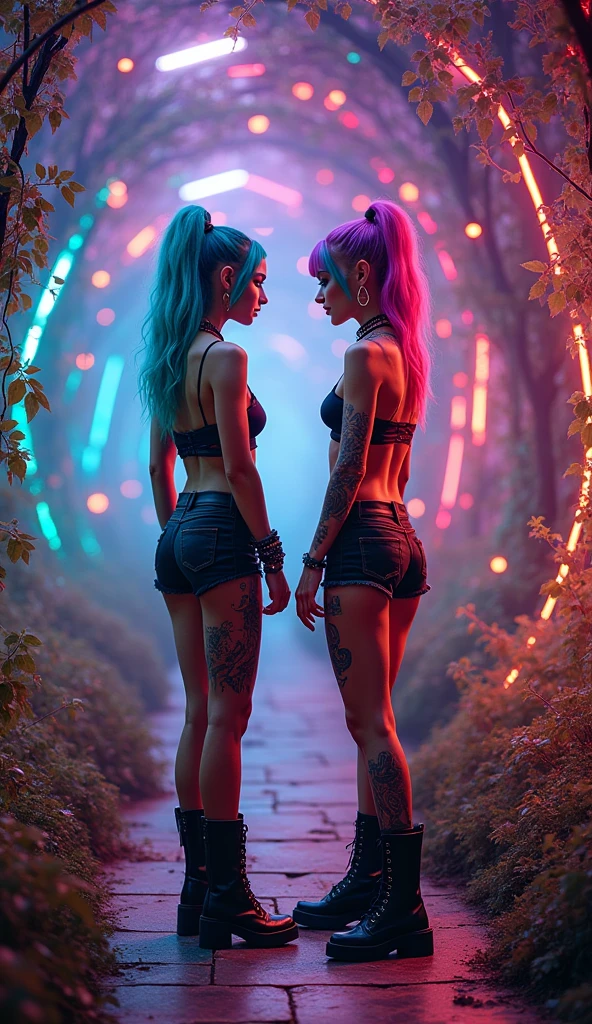 two beautiful realistic punk woman full body short sexy dressed in Multi-dimensional artistic surreal tunnel, stars and planets, vine, colorful, beautiful highly detailed perfect anatomy photography, photorealistic 8k cinematic lighting