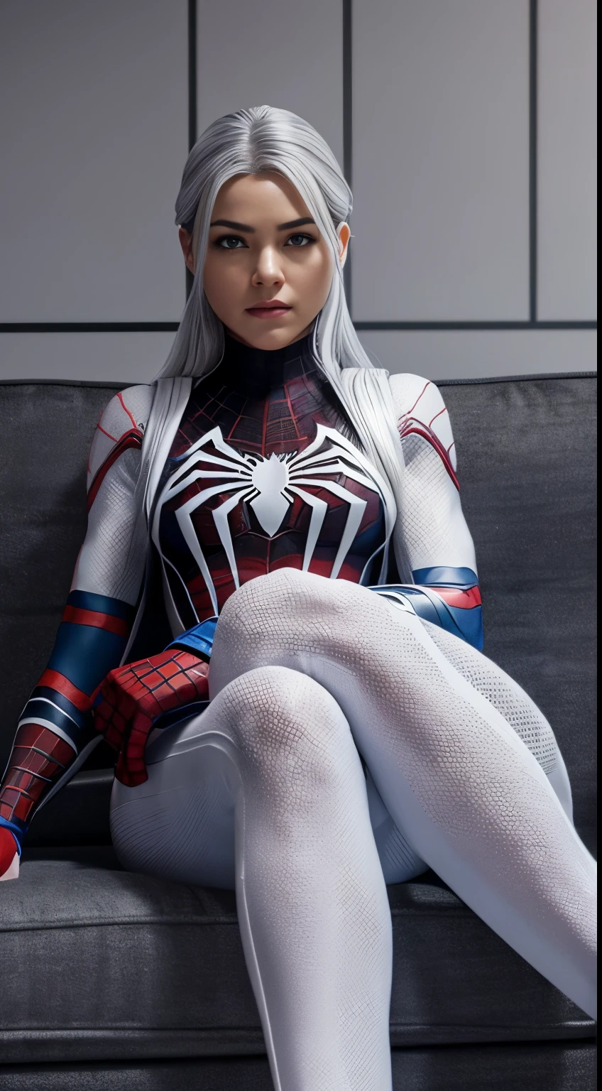 (Extreme Detail CG Unity 8K wallpaper, masterpiece, highest quality), (Exquisite lighting and shadow, highly dramatic picture, Cinematic lens effect), a girl in a white Spider-Man costume, silver gray hair color, from the Spider-Man parallel universe, Wenger, Marvel, Spider-Man, sitting on the couch, dynamic pose), (excellent detail, excellent lighting, wide angle), (excellent rendering, enough to stand out in its class), focus on white Spider-Man costumes, complex spider textures