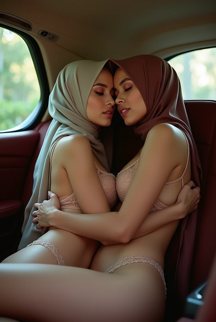 extreme close up of two beautiful teacher hijab indonesian lesbian girl laying down,bra and panties,hugging,french kiss,lesbian sex,,in a car