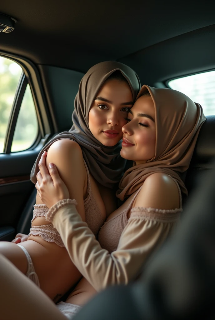 extreme close up of two beautiful teacher hijab indonesian lesbian girl laying down,bra and panties,hugging,french kiss,lesbian sex,,in a car