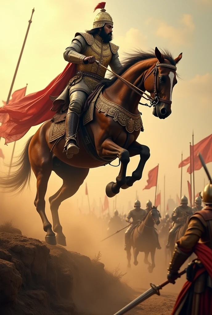 A scene showing the majestic horse Chetak, injured
, making a 22-feet-long leap over a deep ravine with Maharana Pratap on his back. The battlefield is in the background, with dust, soldiers, and chaos.