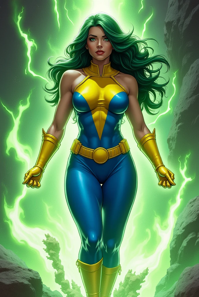 Lorna Dane, polaris x-men, (busty and voluptuous body), (arms naked:1.3), (blue glowes:1.3), (green thick wavy long hair:1.4), (huge breast:1.6), wearing a blue costume, big yellow in the chest and stomach, with yellow xmen belt, yellow boots, (screenshot of a beat em up videogame), (she's surrounded by a green energy:1.5), (comic style:1.4) 