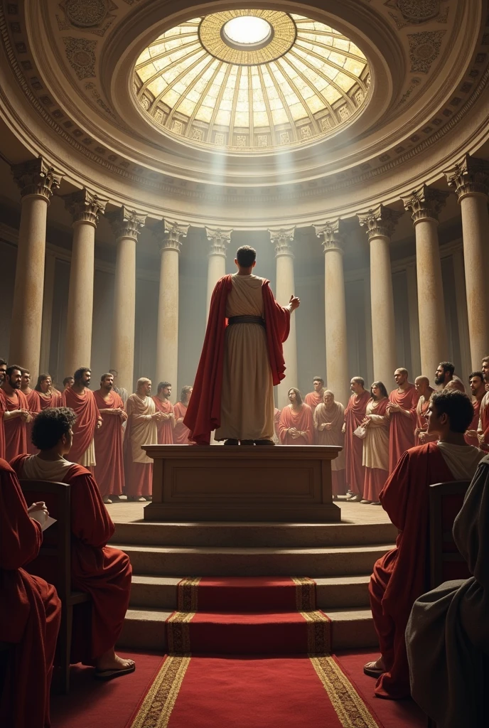 Scenario:
enviroment: The setting is the Roman Senate, a majestic room with classic architecture. Marble Columns, stone floors and a high dome with stained glass or ornate details. In the center of the room, há uma tribuna elevada onde Saint George está de pé, surrounded by senators in their togas.
main character:
Saint George: He stands at the podium, with a firm and confident posture. He wears a simple tunic and cloak that contrast with the richness of the senators' attire. His expression is one of conviction and passion as he delivers his words.
Action and Expression:
Declaration: Saint George está falando com intensidade e convicção, gesturing with a raised hand to emphasize his point. He is declaring that the Romans should adopt Christianity, which clearly impacts everyone in the room.
Reaction of the Senators: The senators around him are visibly surprised and stunned. Some may have their mouths open in shock, others may be leaning in to hear better or exchanging glances of disbelief. There is a mix of astonishment and curiosity in their expressions.
Additional Detail:
Reaction to the Speech: Add details that show the impact of the speech, like papers being held firmly or hands raised in protest or support. There may be murmurs or whispers among the senators, highlighting the commotion caused by George's declaration.
Support from Others: Perhaps include one or two senators in the background who appear to be secretly supporting George's declaration, demonstrating that there is a division of opinion among those present.
enviroment e Lighting:
Lighting: Utilize uma iluminação dramática que destaque Saint George na tribuna. The light could come from above or an angle that clearly illuminates his face and actions, while the rest of the room is softly illuminated, creating a visual focus on the central figure.
atmosphere: The atmosphere should be charged with tension and surprise. Use shadows and lights to emphasize the contrast between the previous moment of calm