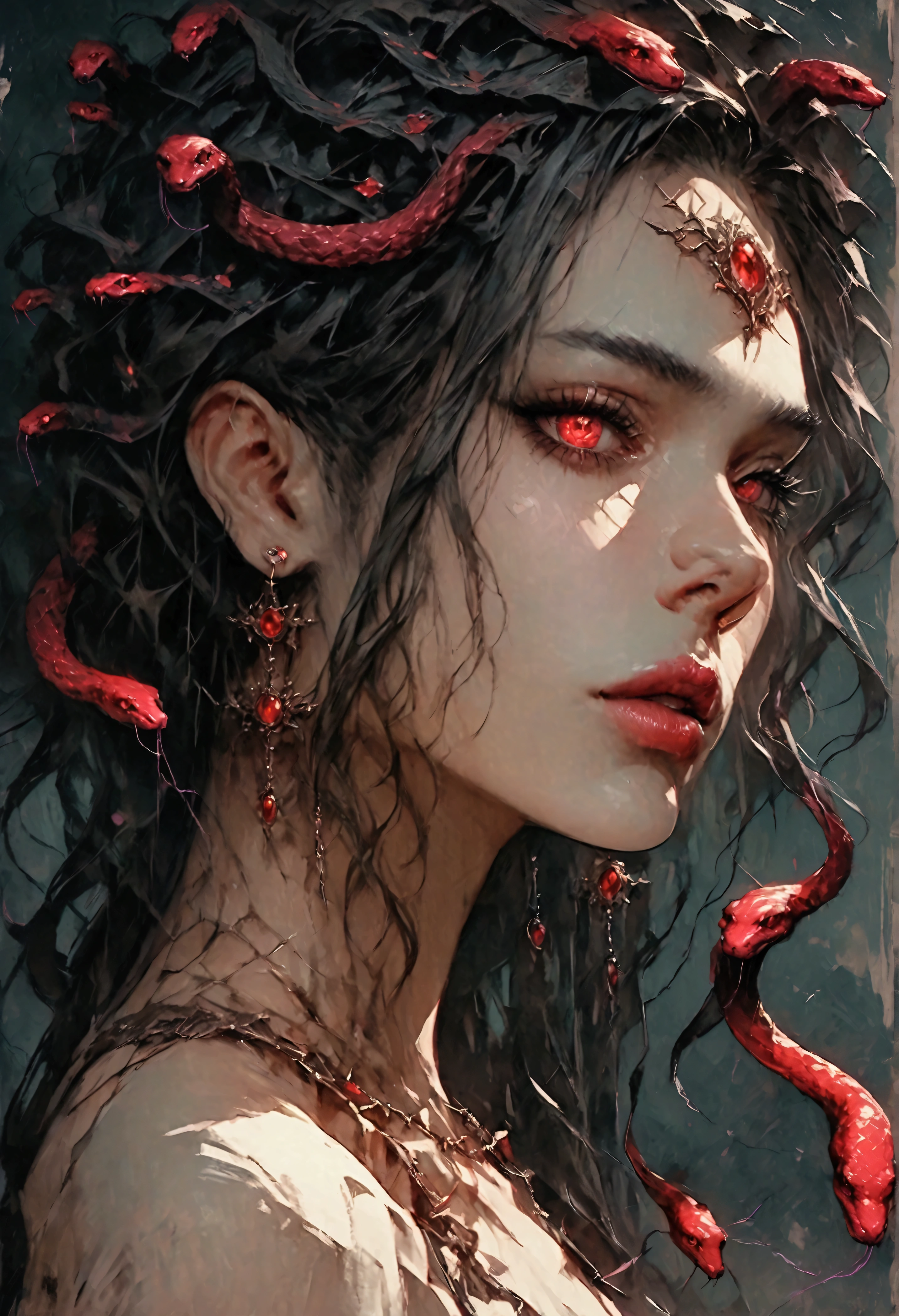 Realistic Digital Painting with Concept Art Elements"," digital painting," "concept art," "realistic," "high detail", "muscular",, "high-res", "ominous aura,", "8k resolution", "oil painting", "darker tone" , "dark saturation" ,"dark feeling", "concept art" , "detailed features" , "detailed eyes" , "1women, "medusa" , "snake hair" , "beautiful" , slit snake eyes" , "dangerous" , "Greek maroon dress", "lips slightly parted"