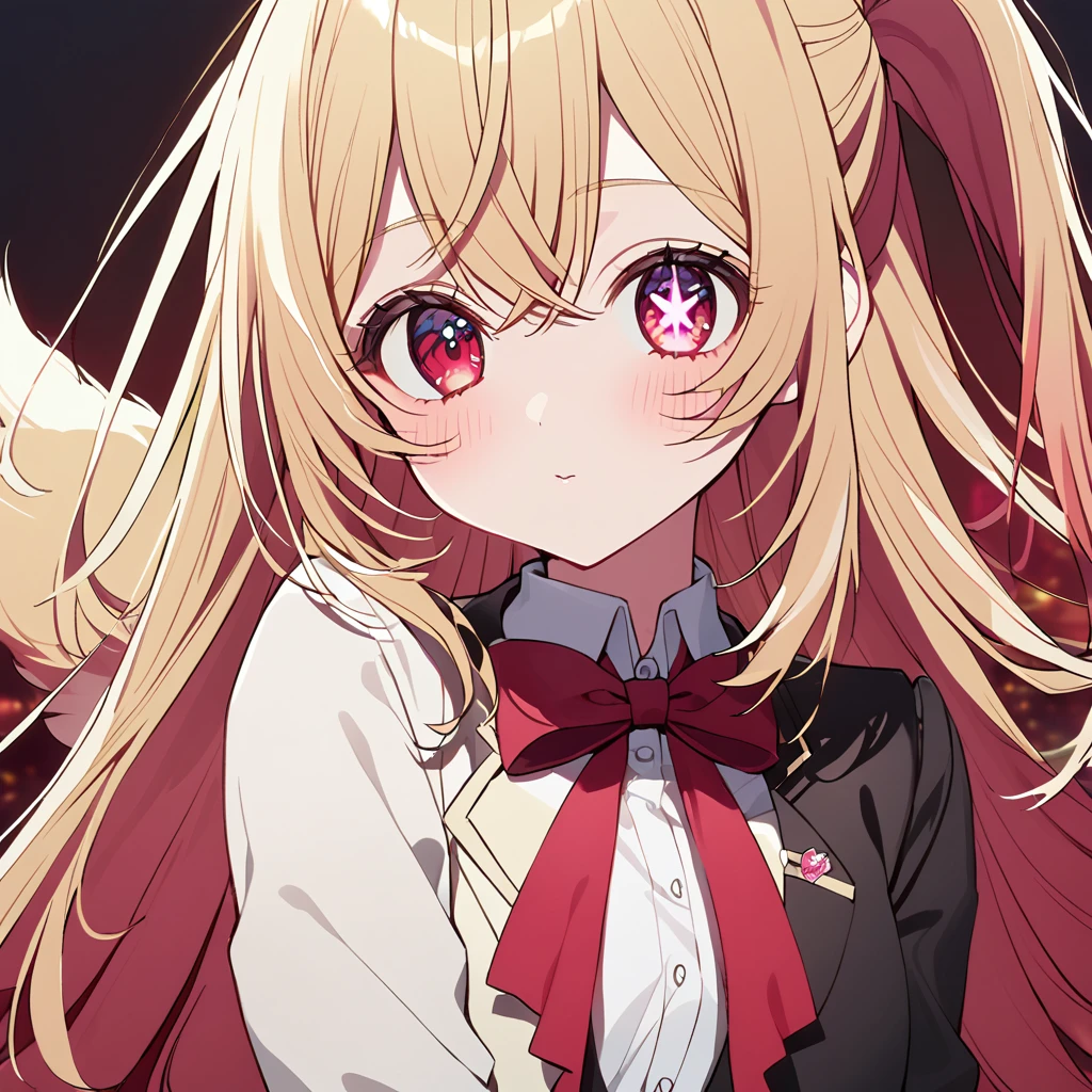 1 girl(Oshinoko, Ruby Hoshino, blonde hair, left side tail, red eyes, star shaped pupils in right eye, black blazer, white shirt, red big ribbon on chest, black, white skirt)