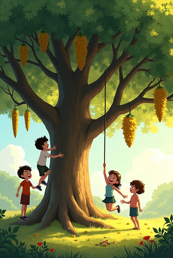 Photos of a tamarind tree with 4 children