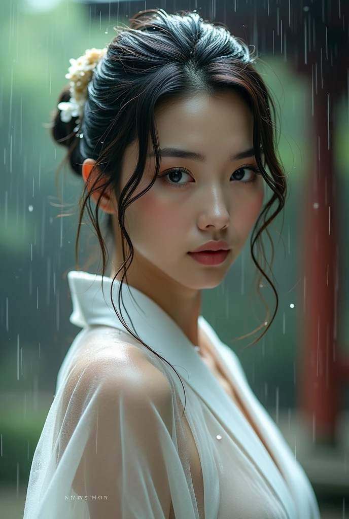Wearing a wet, see-through white kimono、Realistic Japan woman in a temple, Beautiful Japanese Women, Beautiful Japanese Women, Japanese Goddess, Beautiful Japanese woman face、Tie your hair、How to put on a hairpin、Mature Woman、Sexy Japanese Women、Looking into the camera、Gazing into the Eyes、Look forward、Look forward、it's raining、I narrowed my eyes.、single eyelid、Small eyes、Thin eyebrows、30-year-old woman、Low Nose、Thin lips、Belly piercing