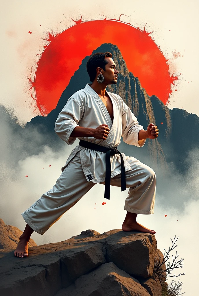 A cell phone wallpaper format ink painting of an Inca karateka painted in a white karate uniform and black belt, Inca earrings, muscular, standing on a rock, combat position, barefoot, and in the background a silhouette of a painting in red, black, white, lead and pale green colors of Machu Picchu with flashes and paint stains of four colors  red, negro, white and gold 