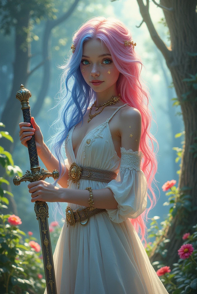 A very beautiful girl, Young and sexy, Your hair is half pink and half blue.. Your skin is white and delicate, with golden magical symbols tattooed on it, and your body is covered in a shimmering golden powder., your eyes are silver, She is noble e possui vestes chiques e elegantes porém é uma aventureira filha de uma fada, She is noble, She is also a bard and loves music, She's always with her delicate lute, besides carrying her beautiful sword, Because she is a bard, she is always with her lute in hand and her beautiful sword sheathed, She also wears high heels.