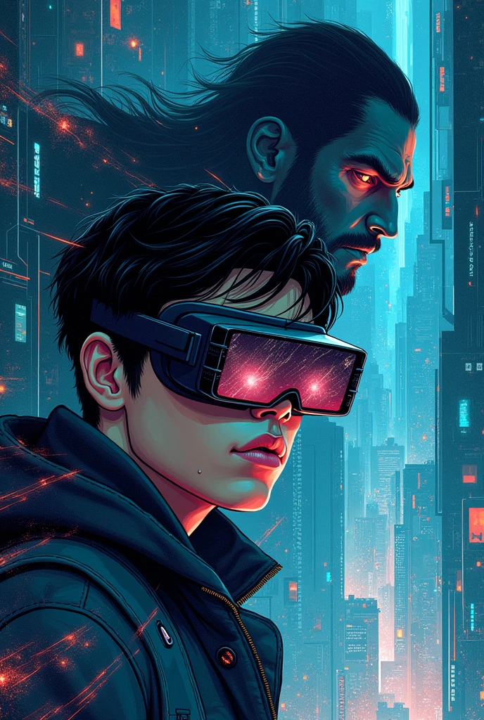 Create a poster for a movie, where the protagonist is a VR glasses user, but your life is put at risk, when glasses users enter a game and can no longer exit, now he has to solve this dilemma, don't use a color palette, I just want the lines of the drawing, the film takes place inside a game, but remember, it is necessary to highlight the main character, photo realist, add a villain to this story