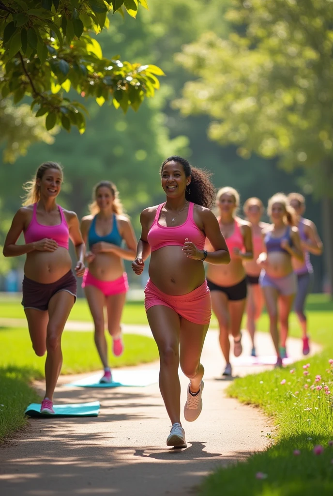Woman In Pink And Blue and Brown Workout Clothes And A 2-Year-Old Baby Girl And Her 15-Year-Old Daughter