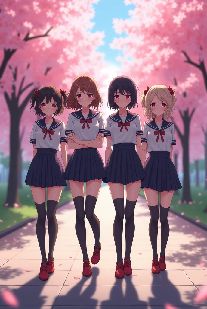 masterpiece, best quality,4girl,young girl, plum_pie eyes, brown, choppy bob,envious _face,shiny skin,medium breasts,nice leg line:1.3,thick thighs, thin waist,school uniform, thighhighs,necktie,((pencil skirt)),red color high heels, pantyhose, , Pathway_lined_with_blooming_cherry_blossom_trees,,looking at viewer,from below,full body, legsupsexms,