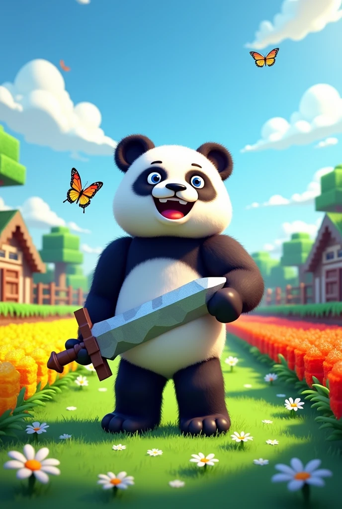 Minecraft Panda whit a sword of iron on a farm