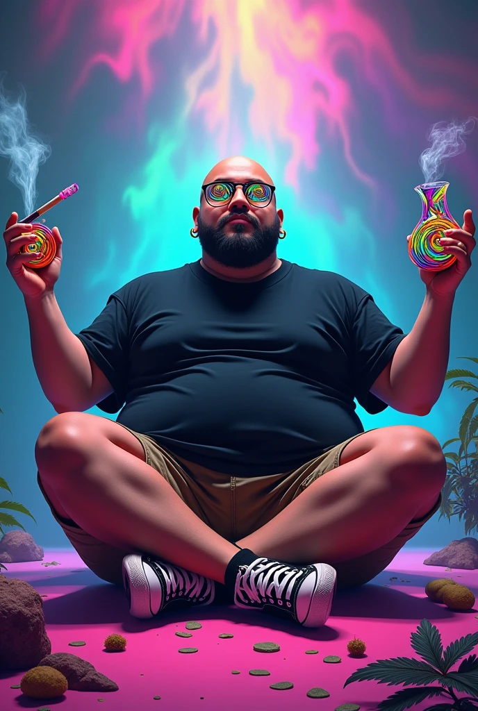 Young man, offwhite, plumpness, bald man with short black beard, Glasses and small golden hoop earrings. black band t-shirt, khaki cargo shorts and black all star sneakers. Floating cross-legged like a Hindu God. With 4 arms each holding something different related to marijuana. The glasses lenses should be a psychedelic spiral. And the background colors should be vibrant. lsd style. psychedelic.