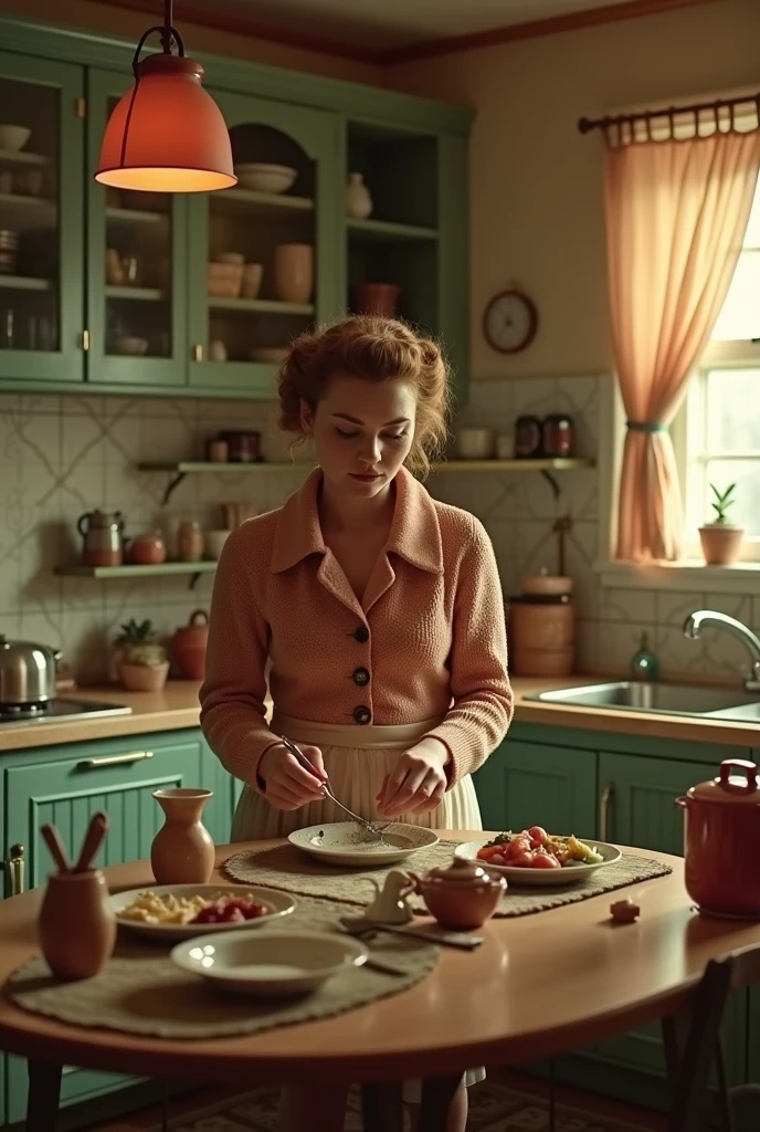 (1950s 007 secret agent), Danish spy housewife, wearing a Mama bear costume elegantly preparing dinner in a vintage kitchen, mid-century decor, warm and inviting ambiance, rich colors, soft lighting, intricate details of kitchenware, retro attire with subtle spy accessories, nostalgic and charming setting, ultra-detailed, cinematic scene capturing a blend of domesticity and intrigue, 4K quality.