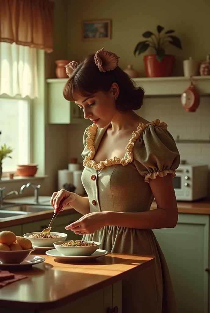 (1950s 007 secret agent), Danish spy housewife, wearing a Mama bear costume elegantly preparing dinner in a vintage kitchen, mid-century decor, warm and inviting ambiance, rich colors, soft lighting, intricate details of kitchenware, retro attire with subtle spy accessories, nostalgic and charming setting, ultra-detailed, cinematic scene capturing a blend of domesticity and intrigue, 4K quality.