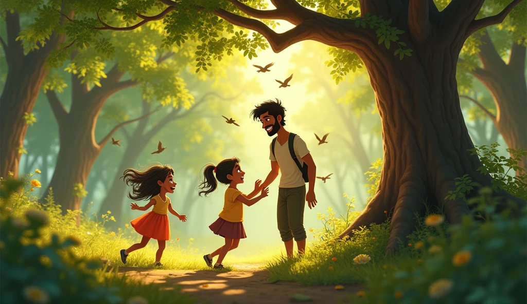 Two sisters are playing in the forest A man named Ahmed Khan attracted a girl by giving her chocolate