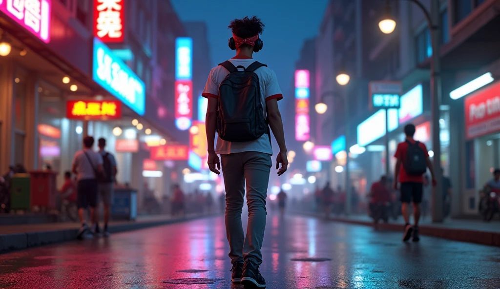 Hyper realistic, a 20 year old Indonesia man walking on the neon cyberpunk street, ideal body, look straight ahead, wearing Indonesian high school white uniform shirt and Indonesian high school grey uniform pants and black hiking hi-shoes with dark red bandana on head, wear dark leather backpack, wear headphone, masculine photoshoot pose, arrogant man expression, romantic, Bandung night town as background. Use soft photography lighting. top lighting. top lighting, slide lighting, high quality photos, UHD, 64k. shot with Canon EOS 5D Mark IV, cinematic portrait, Realistic face, not changing face, no mustache, Real photo, unchanging face, background change. Real Picture 8k ultra, hyper detailed, sharp focus, studio photo, intricate details, highly detailed, photo real, bright colors, digital graphics, unreal engine, blender art, perfect composition, octane rendering, masterpiece, sharp focus, high detail, art station, concept art, perfect composition, a model of ultra-high quality and clarity, perfect play of light and shadow, 32k UHD, hyper-detailing, complex artistic masterpiece, ((best quality)), ((masterpiece)), (detailed), perfect face