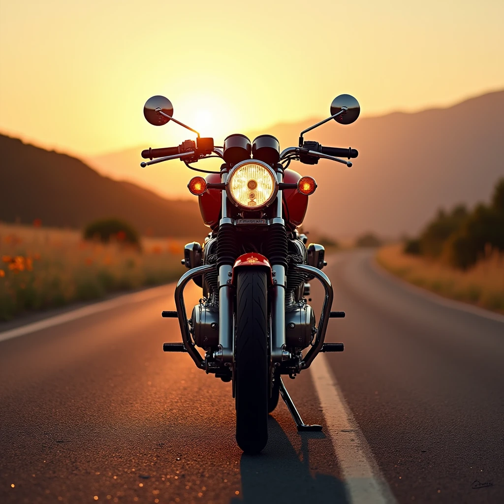 Honda CB 750 motorcycle, red in color, with rich details in a highway landscape, (work of art:1.2), best qualityer, high qualiy, high resolution, (hyper detailled), detailed back ground, commemorative photograph,