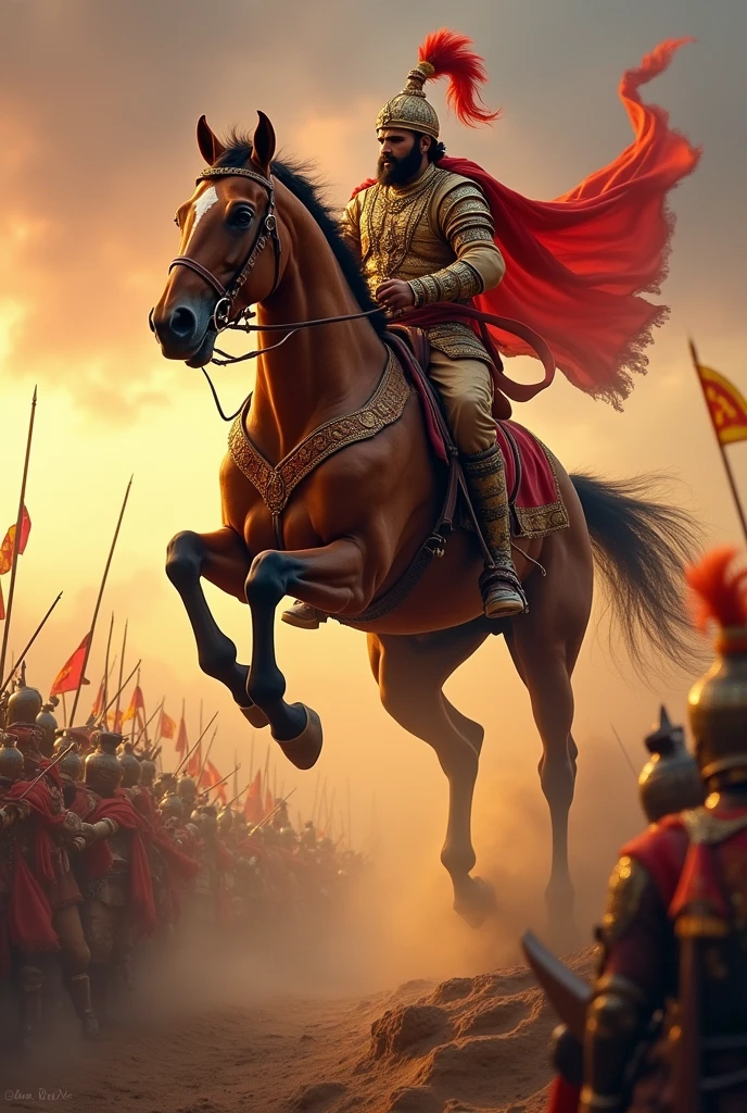 A scene showing the majestic horse Chetak, injured
, making a 22-feet-long leap over a deep ravine with Maharana Pratap on his back., with dust, soldiers, and chaos.