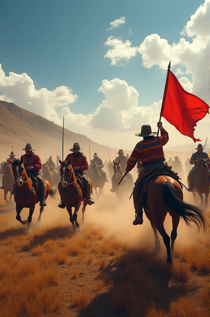 A battle between Spaniards and Peruvians in the year 1824, including cavalry