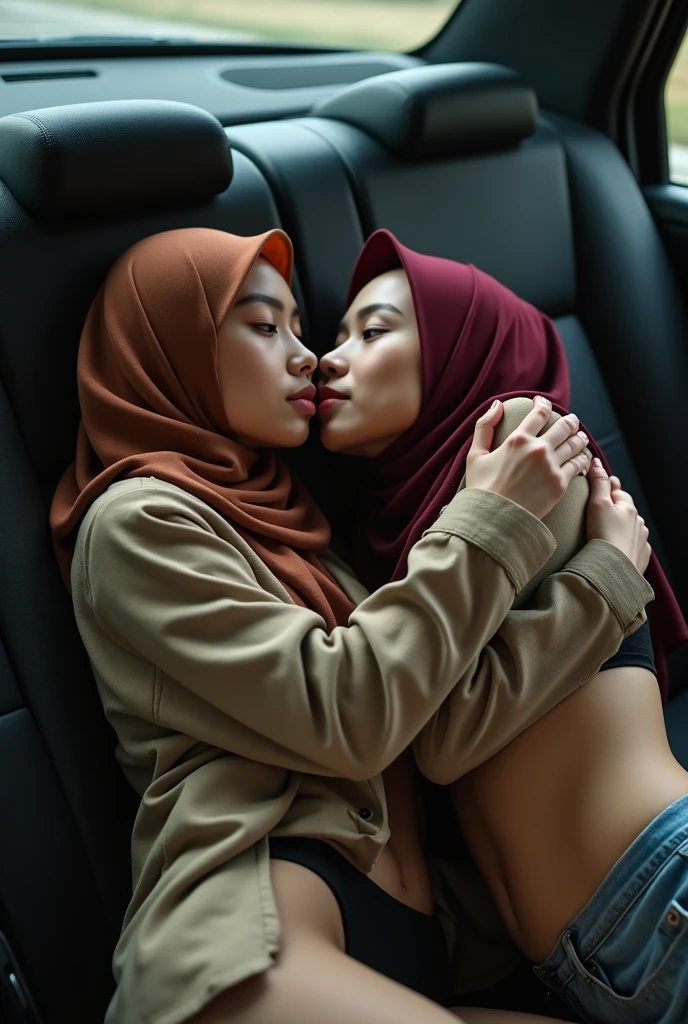 extreme close up of two beautiful teacher hijab indonesian lesbian girl laying down,bra and panties,hugging,french kiss,lesbian sex,,in a car 