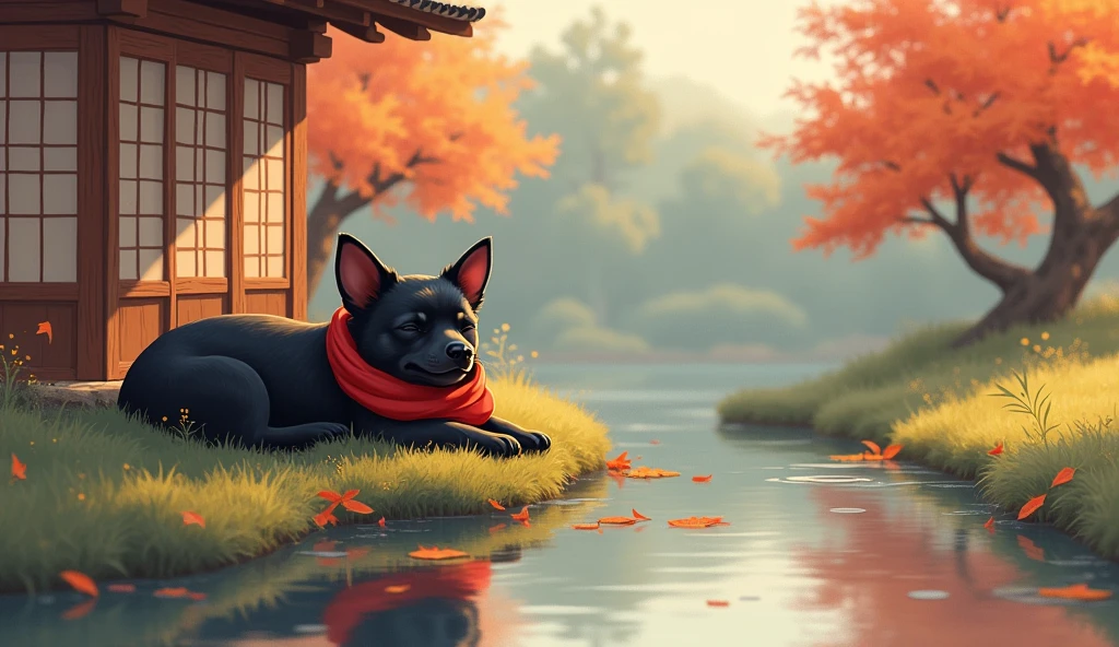 Create a lovely, serene scene of a Schipperke, a small dog with a bright red scarf, sleeping peacefully outside a traditional Japanese house. The setting should include a gentle stream running in the background and a calm, relaxing environment.. The style should be low quality and cartoonish., with soft colors and a touch of sweetness, capturing the peace and tranquility of the moment. Add details like falling leaves around and soft light, creating a welcoming and relaxing atmosphere for those who observe.